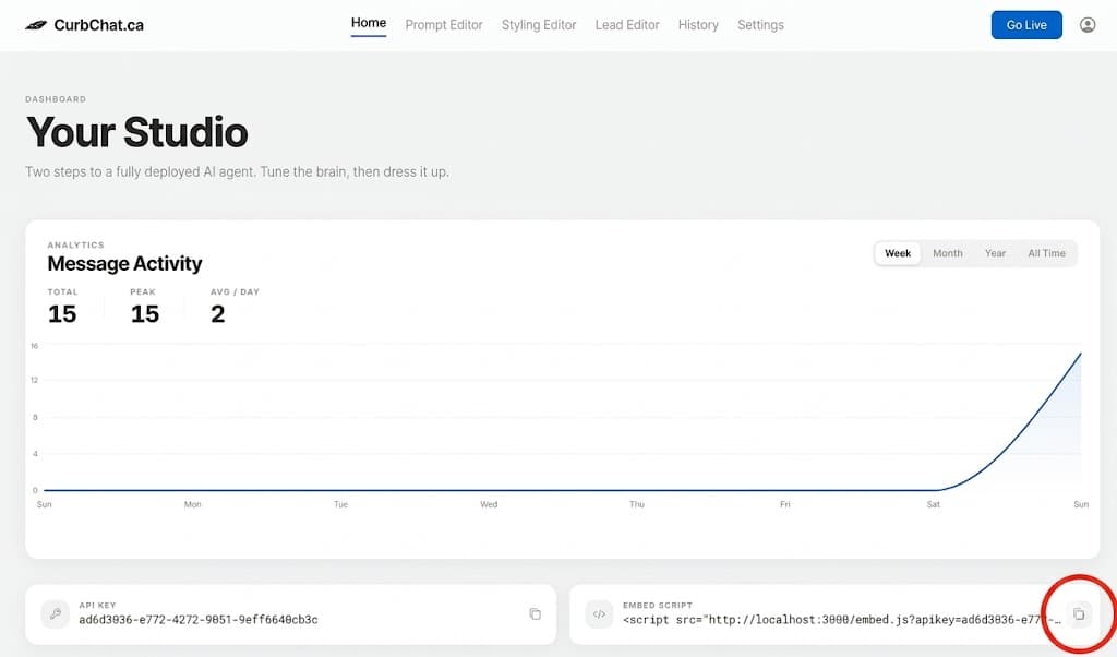 Step 1 — Copy your CurbChat embed script in the dashboard.