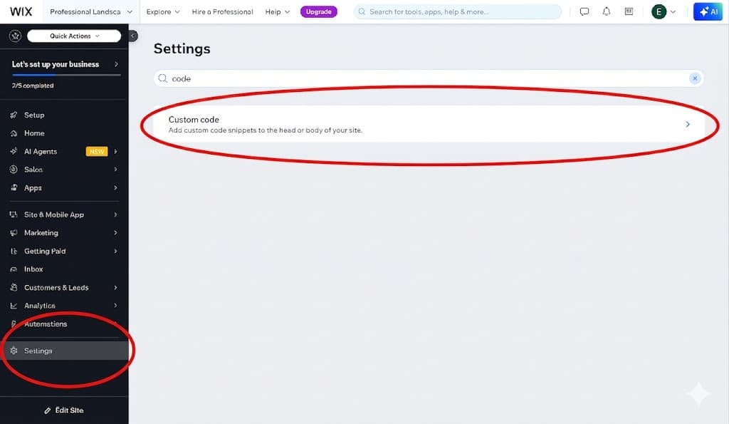 Step 2 — Navigate to your wix dashboard, go to settings, search and click on custom code.