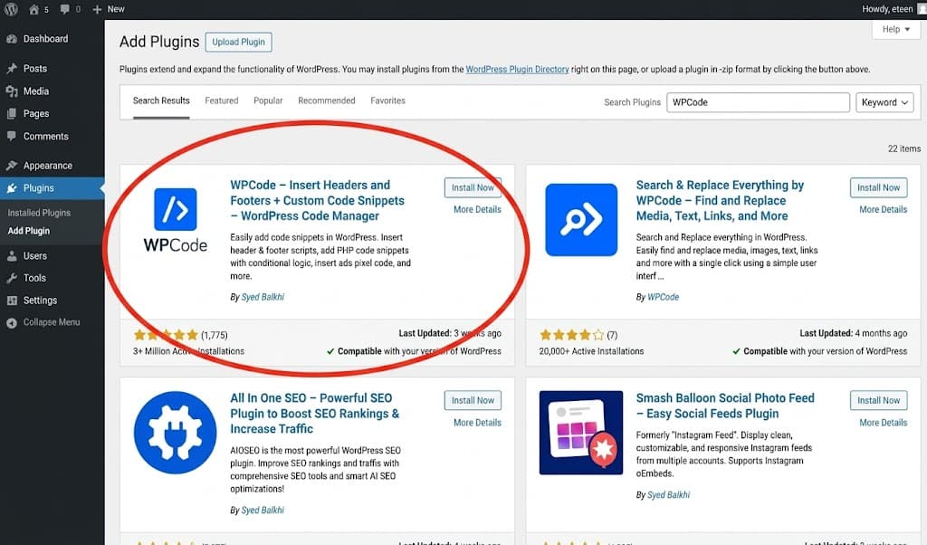 Step 3 — Press add plugins, and search up WPcode. Click install now, then under plugins, click installed plugins.