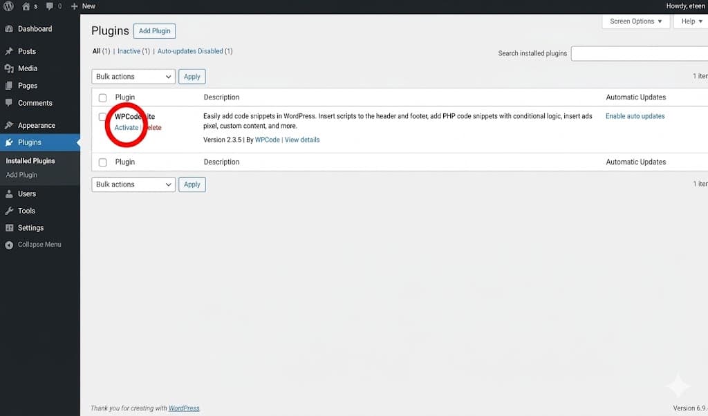 Step 4 — Click activate, then press on code snippets.