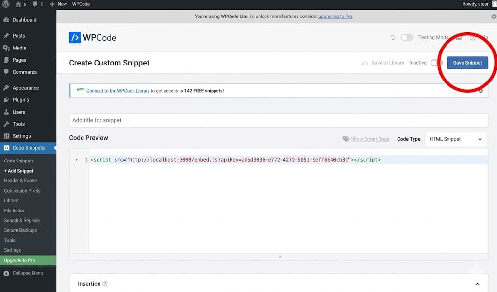 Step 7 — Paste the code snippet below into the editor, and then press save snippet.
